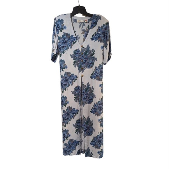 Lolette Blue Floral Button Up Short Sleeve Shoulder Pad Maxi Dress Sz M - Picture 1 of 8